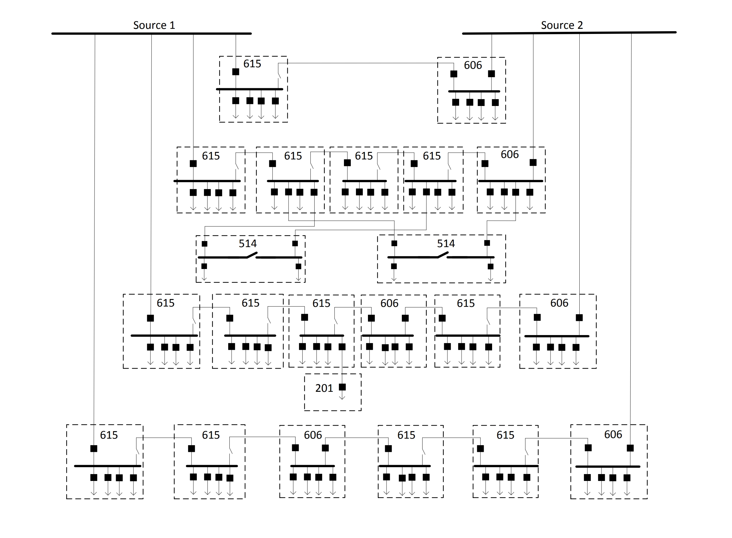 Site schematic line diagram that shows the configuration of all 22 Vista switchgear units. Source 1 is on the top left; source 2 is on the top right. From each source, lines flow to separate rows of interconnected switchgear units, represented by dotted-line boxes with unit numbers. Descending from the top, there is one line of two units, then a line of five units, then a line of two units shown as open switches, then a line of six units. 